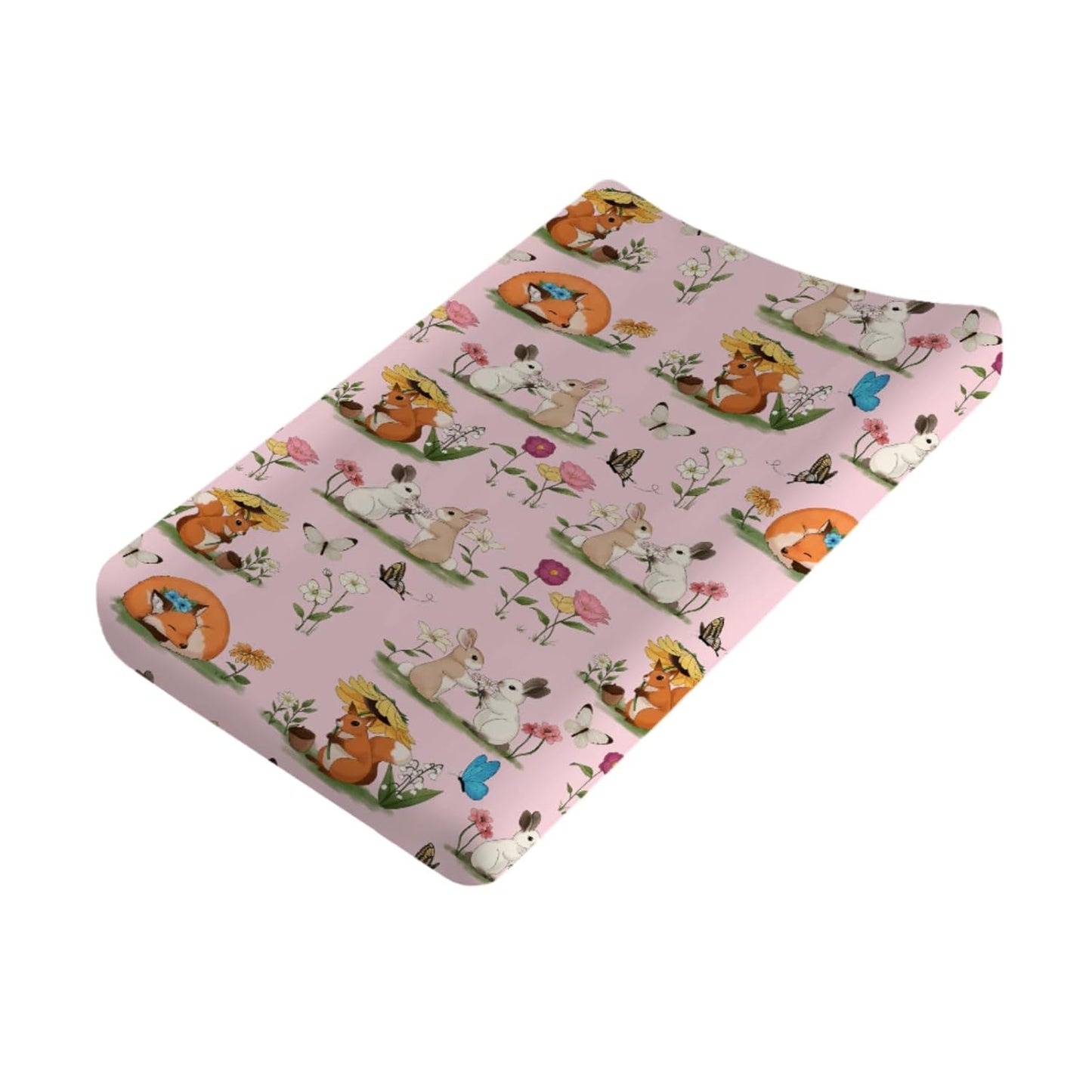 Cute Animals Spring Flowers Baby Changing Pad Covers Boy Girl 32''x16'' Bunny Fox Squirrel Butterflies Floral Fitted Diaper Change Table Mats Forest Soft Breathable Nursery Changing Table Sheets Pink