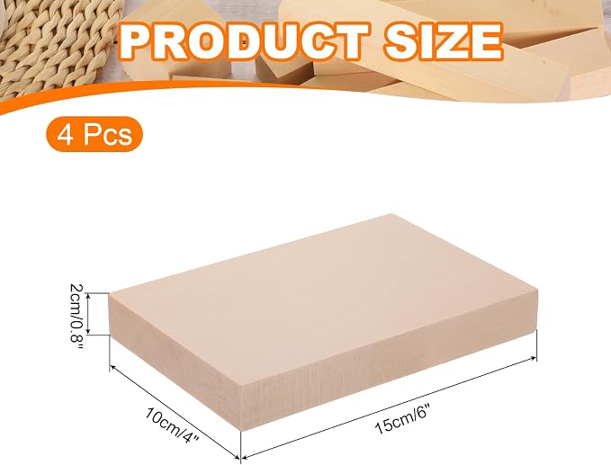 MECCANIXITY 4Pcs Basswood Carving Block, 0.8"x4"x6" Square Wooden Dowels Blocks
