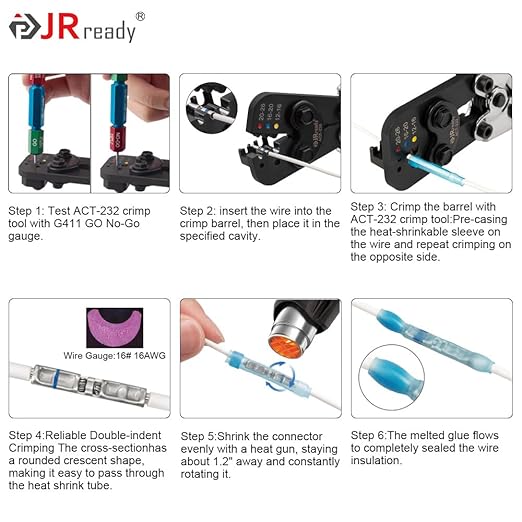 JRready ST6488-20-100 Heat Shrink Butt Splice Connectors 100 Sets 26-20AWG Butt Crimp Splices with PVDF Tubes Waterproof Environmental Splice Connectors with ACT-232 Crimp Tool G411 Go-No Go Gauge