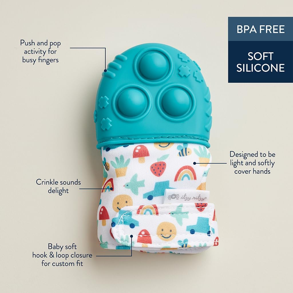 Itzy Ritzy Silicone Teething Mitt - Soothing Infant Teething Mitten with Adjustable Strap, Crinkle Sound & Textured Silicone to Soothe Sore & Swollen Gums - for Ages 3 Months & Up (Teal)