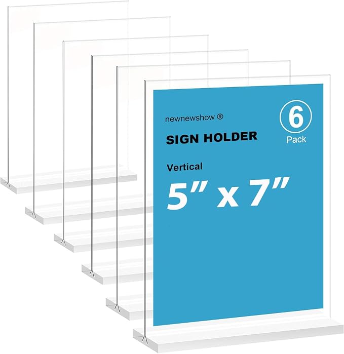 newnewshow 5“x7” Acrylic Sign Holder 6 Pack Vertical T Shape Double-Sided