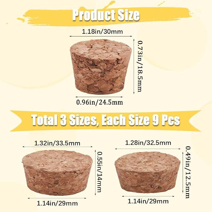 GORGECRAFT 27PCS 3 Sizes Cork Bottle Stoppers 1 to 1.2 Inch Diameter Tapered