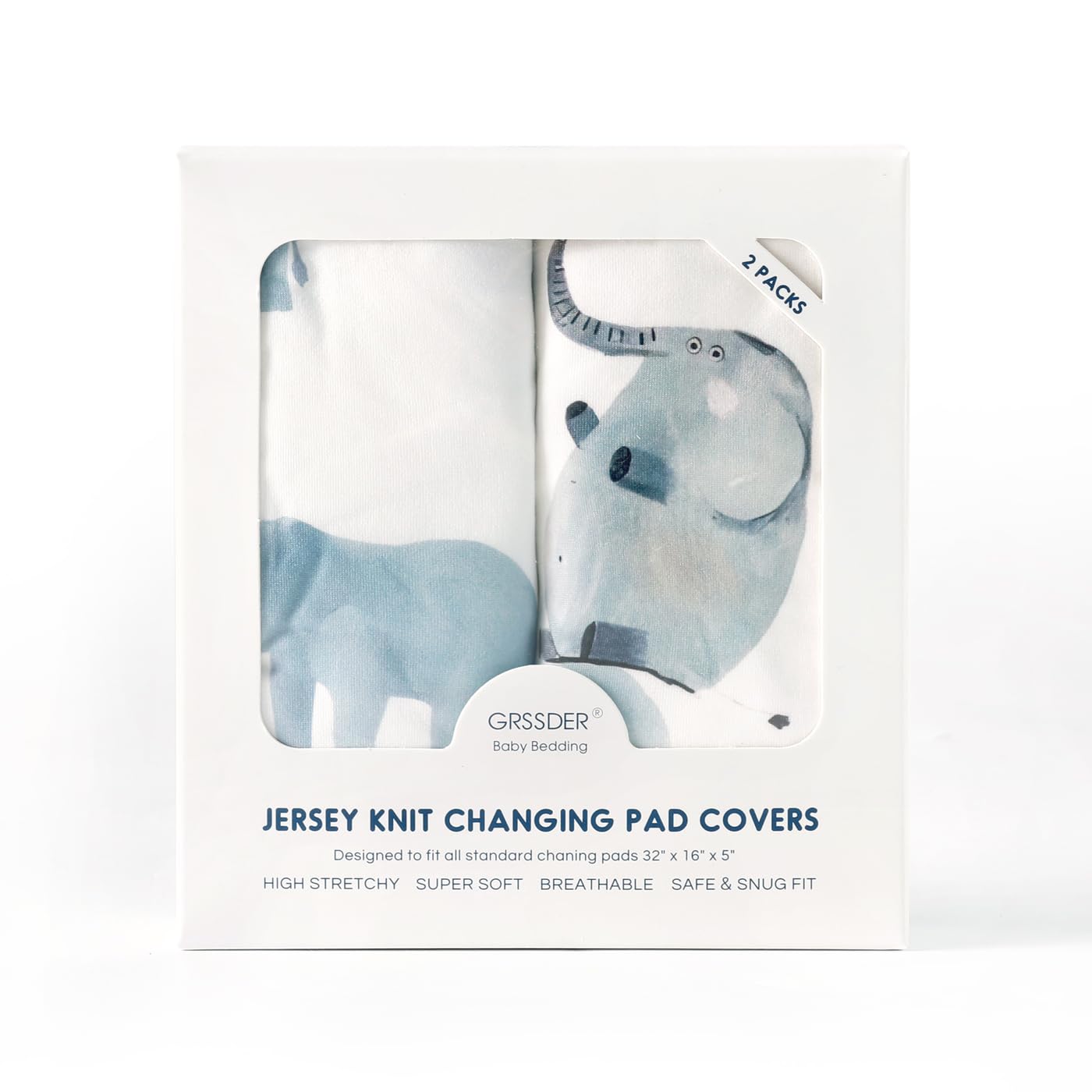 GRSSDER Stretch Ultra Soft Jersey Knit Changing Pad Cover Set 2 Pack, Change Table Pad Covers Fit 32"/34" x 16" Pads Safe and Snug, Cute Diaper Changing Pad Covers of Elephant Print