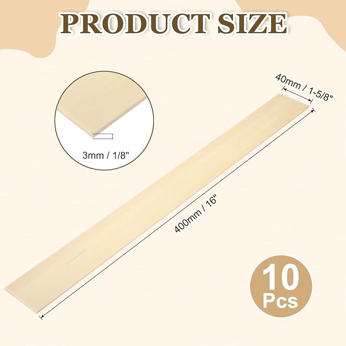 MECCANIXITY 10Pcs Wood Strips Slats, 1/8" x 1‑5/8" x 16" Thin Wood Sticks Flat
