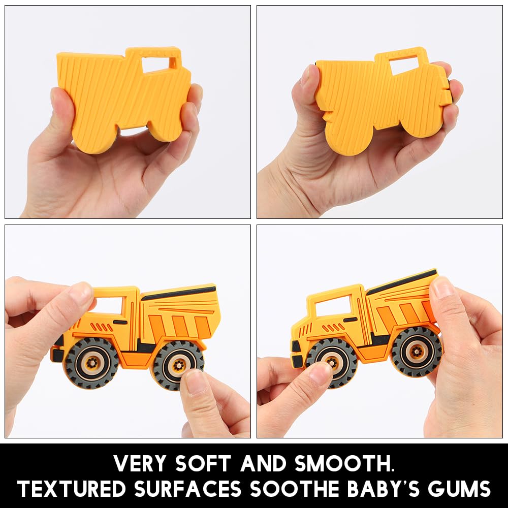 Baby Food Grade Silicone Carrier Vehicle Teether Toy with Pacifier Clip Holder,Teething Toys Gift Set for 3 Months+ Boys and Girls,Freezer Safe,BPA Free. (Dump Truck)
