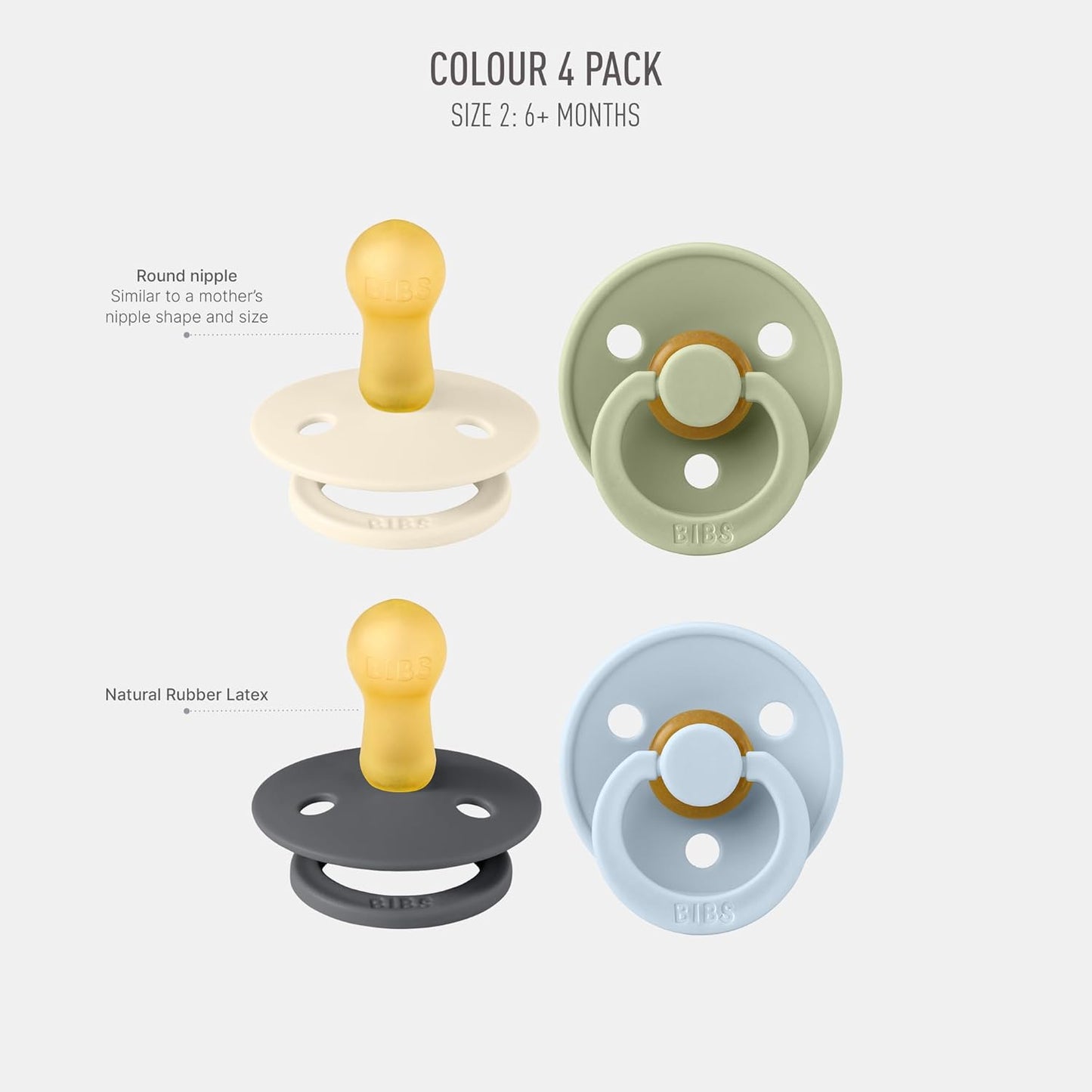 BIBS Colour Soother 4-Pack | BPA Free Dummy Pacifier | Round Nipple | Natural Rubber Latex | Made in Denmark | Size 6-18 Months | Iron Mix