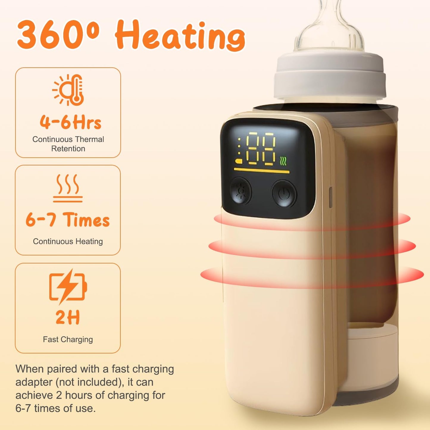 Portable Baby Bottle Warmer - 6-Temp Fast Heating Travel Warmer with Night Light | Universal Fit for Most Bottles | Rechargeable & Leak-Proof | Perfect for Car, Diaper Bag & Overnight Use