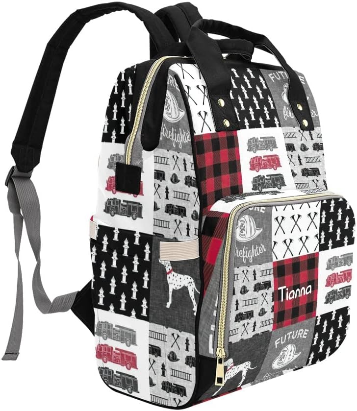 Firefighter Dog Fire Engine Plaid Diaper Bags with Name Waterproof Mummy Backpack Nappy Nursing Baby Bags Gifts Tote Bag for Women
