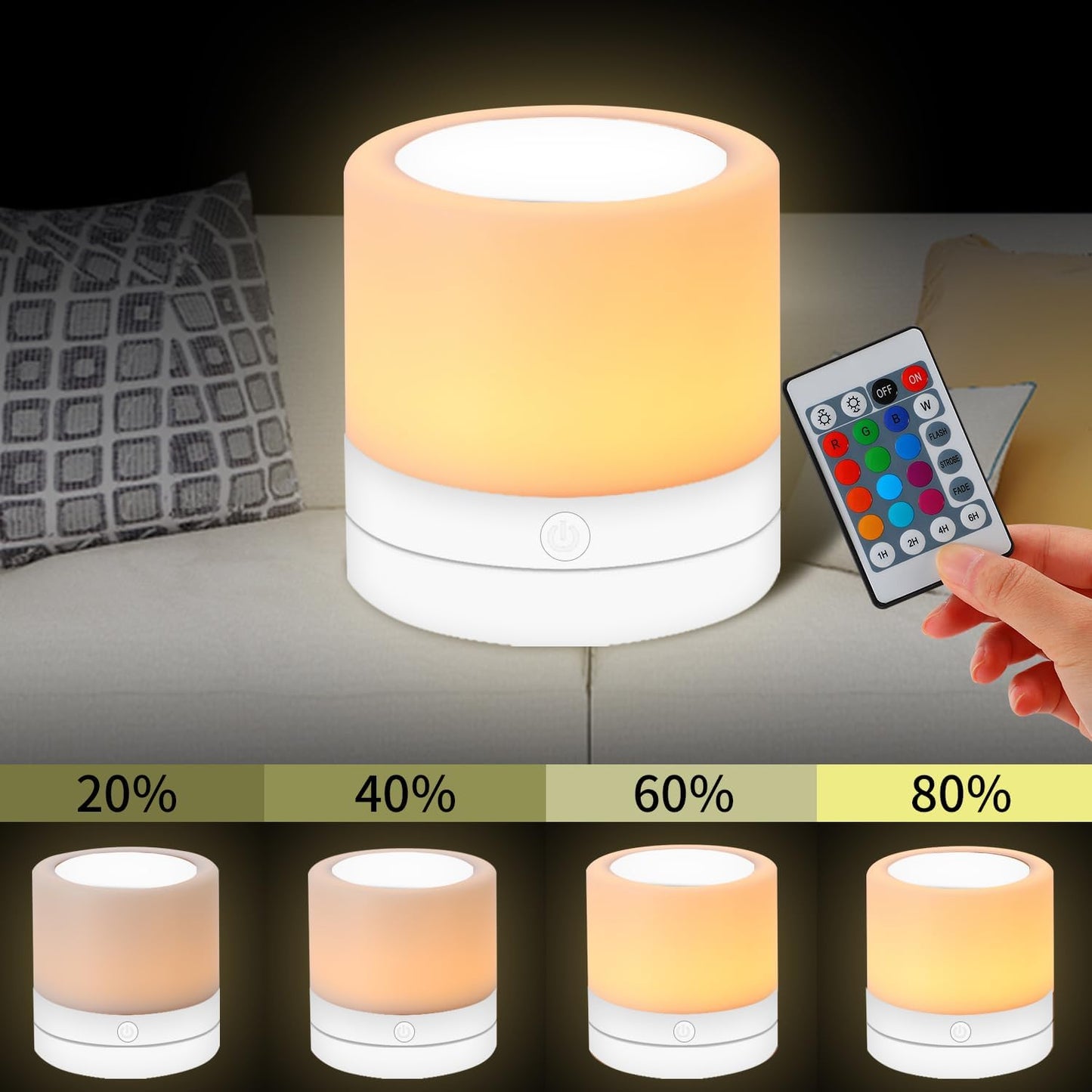 Nursery Night Light for Kids, USB Rechargeable Small Desk Lamp,13 RGB Colors & 4 Brightness & 1 Remote, Touch Bedside Cordless Table Lamp, Portable Night Lamp for Bedroom Living Room Home (White)