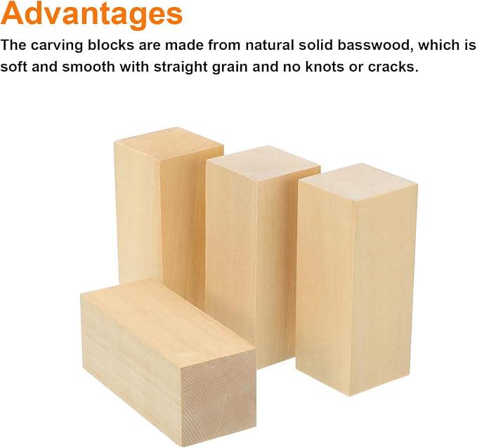 MECCANIXITY 4Pcs Basswood Carving Block, 1.6"x1.6"x4" Square Wooden Dowels