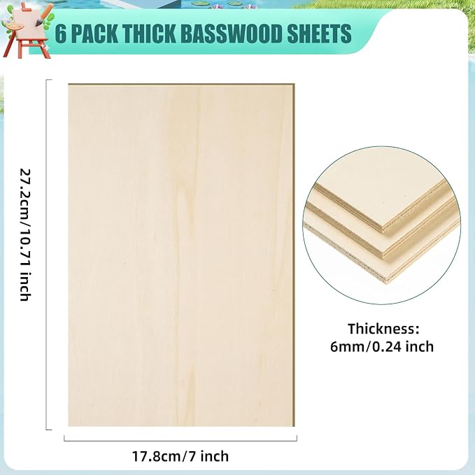 6 Pack 10.7 x 7 x 1/4 Inch-6mm Thick Basswood Sheets