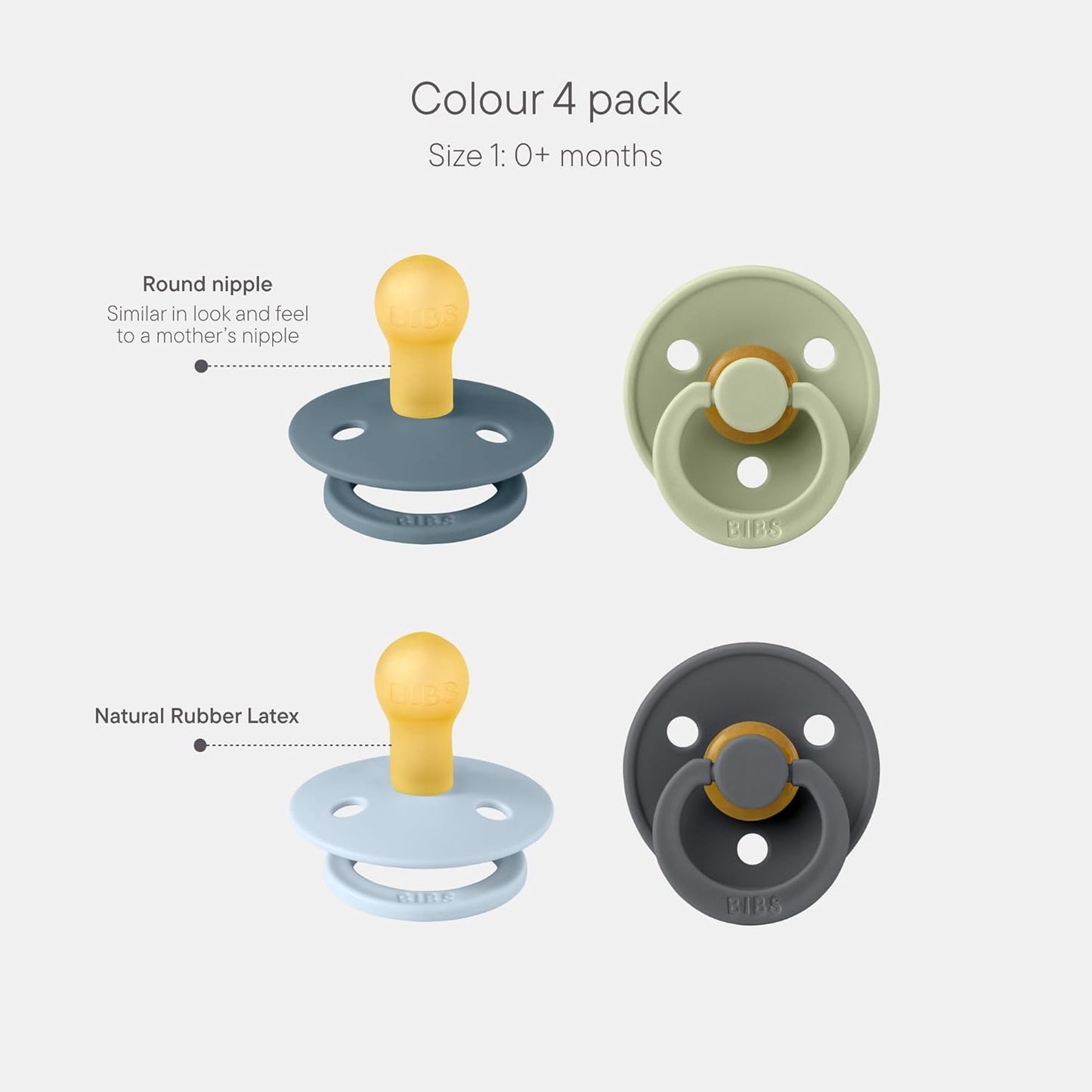 BIBS Pacifiers - Colour 4-Pack | BPA Free Baby Pacifier | Round Nipple Binkies | Natural Rubber Latex Soother | Made in Denmark | Size 1 (0-6 Months) | Baby Blue Mix
