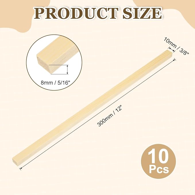 MECCANIXITY 10Pcs Wood Strips Slats, 5/16" x 3/8" x 12" Thin Wood Sticks Flat
