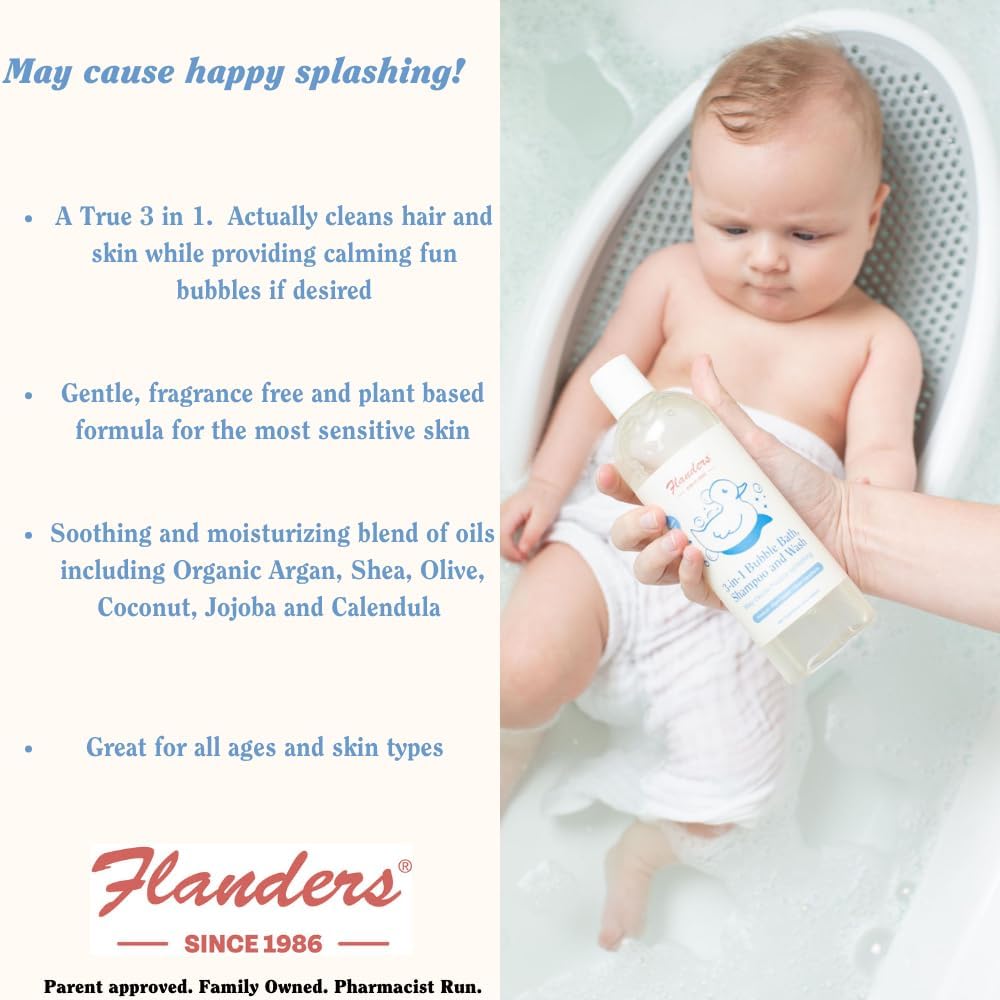 Flanders Bubble Bath - Shampoo & Wash 3-in-1, Pharmacist Developed, Plant Based, Unscented, Clean Ingredients, Calming & Fun for Sensitive Skin, All Ages (15oz)