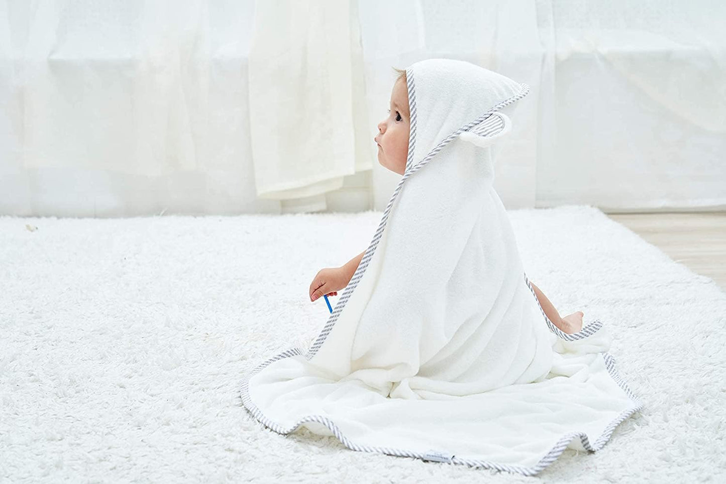 HIPHOP PANDA Hooded Towel - Rayon Made from Bamboo, Bath Towel with Bear Ears for Newborn, Babie, Toddler, Infant - Absorbent Large Baby Towel - White, 30 x 30 Inch