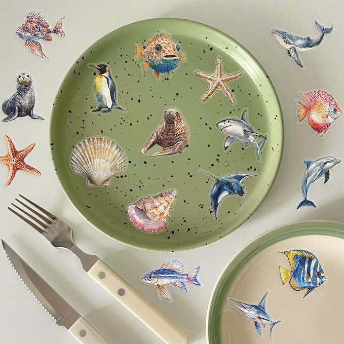 50Pcs Cartoon Marine Life Stickers Waterproof PET Water Bottle Decal Marine