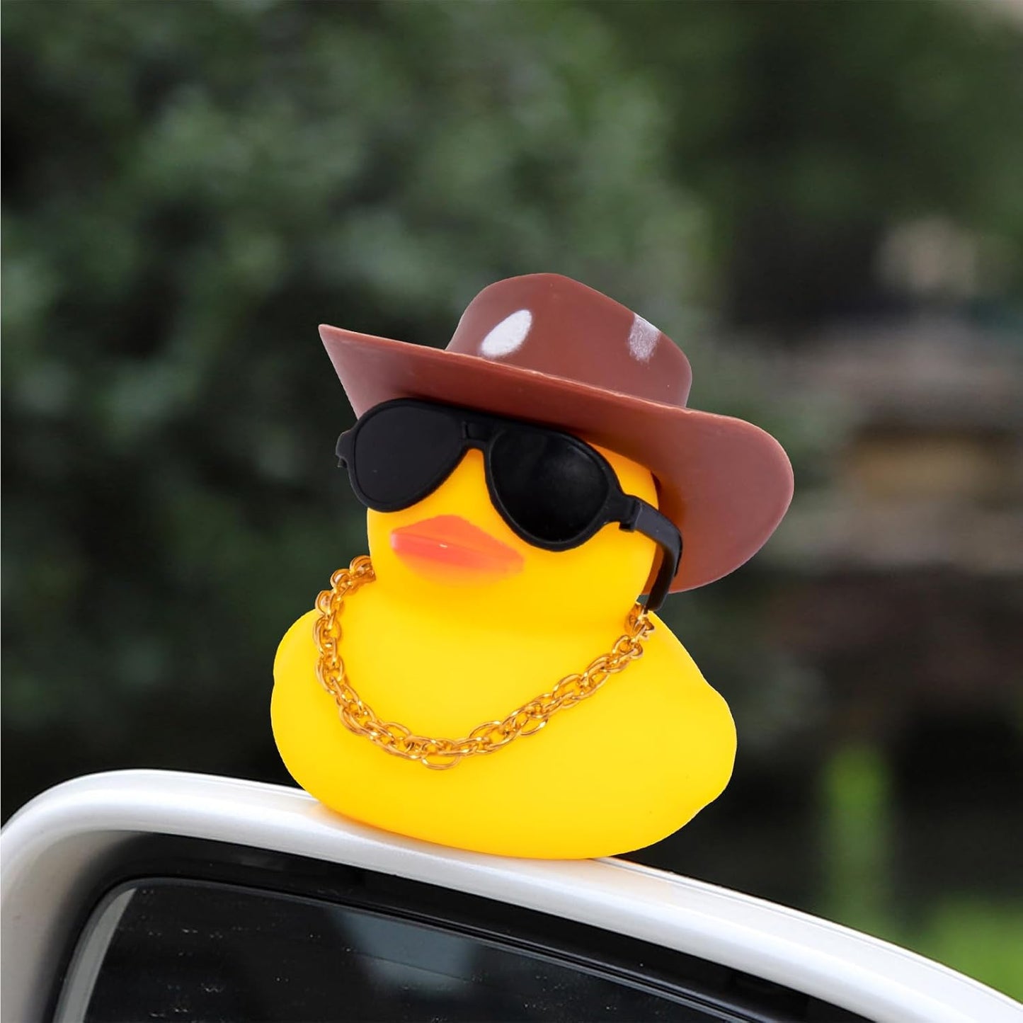 wonuu Car Rubber Duck, Yellow Duck Decoration Dashboard with Sun Hat Swim Ring Necklace Sunglasses for Car Dashboard Decorations, White Spots Brown Cowboy Hat-Brown Donut