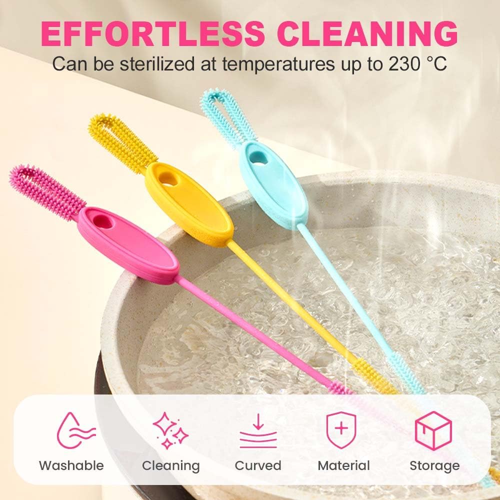 Extra Long Straw Cleaner Brush, Reusable Soft Silicone Cleaning Brush for Tumbler Lid Crevices, Glass Metal Smoothie Straws with Non Slip Handle (Pink + Blue)