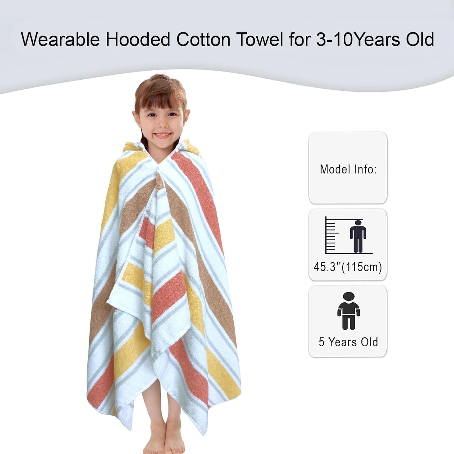 VOOVA & MOVAS Hooded Bath Towels for Kids (3-10Years,27.5"x55"),100% Cotton Absorbent Soft Towel Wrap for Toddler Boys,Perfect for Bathroom | Pool | Beach | Swimming, Jacquard Stripe