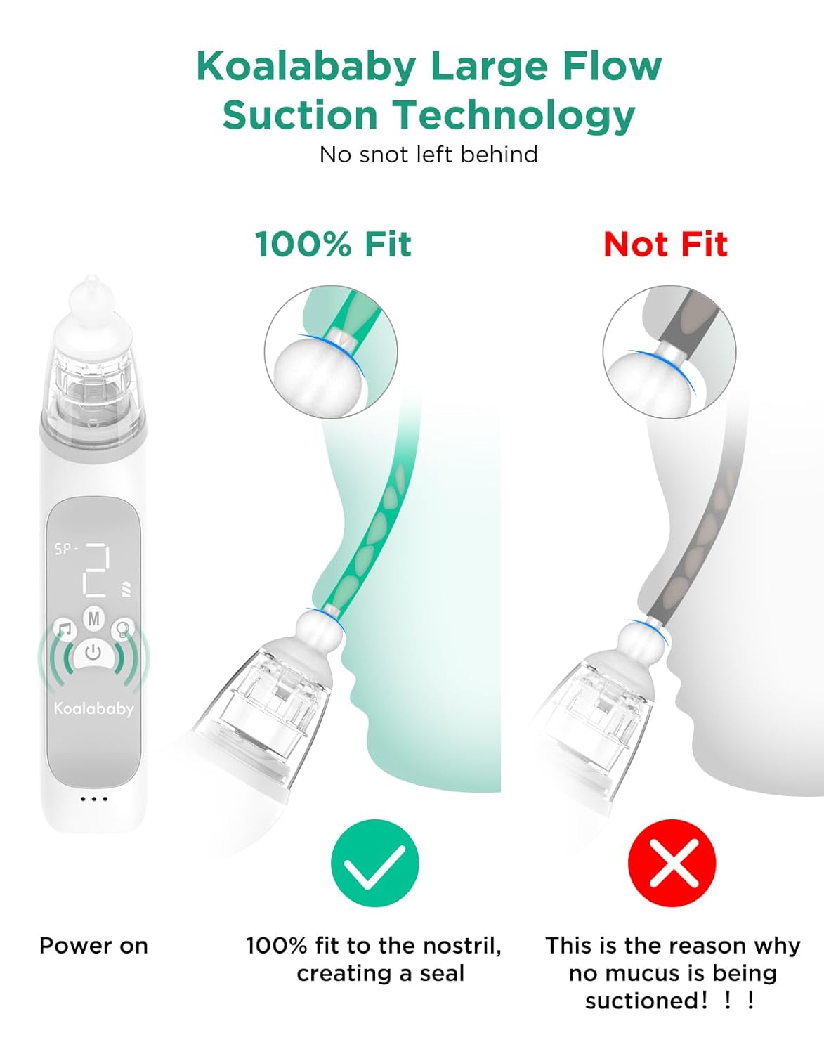 Koalababy Baby Nasal Aspirator, Large Flow Electric Nose Sucker with 3 Suction Levels, Rechargeable Toddler Nose Cleaner, Soft Silicone Tips, Music and Light Soothing