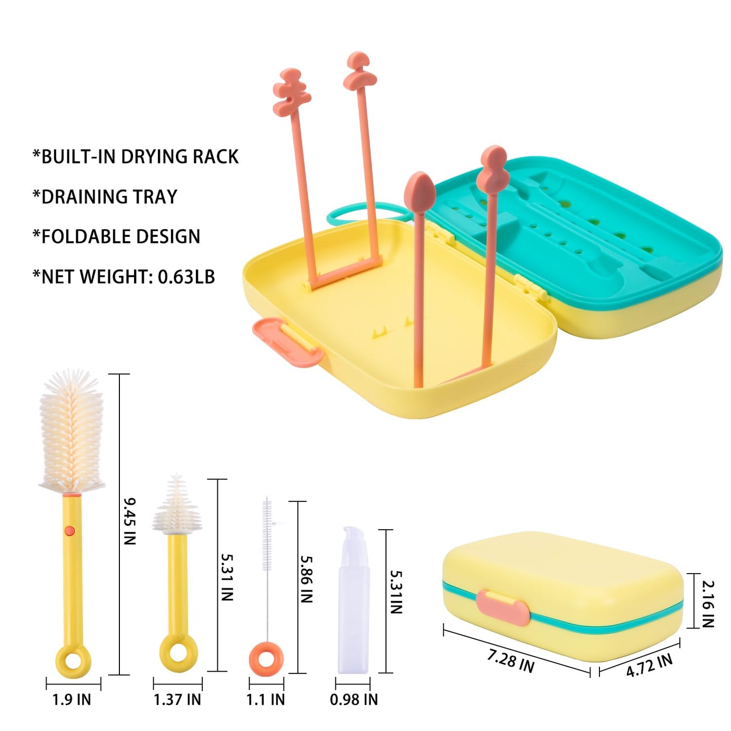 7in1 Travel Bottle Cleaner kit,Baby Essentials, with Bottle Brush、Nipple Brush、Straw Cleaner Brush、Soap Dispenser、Bottle Drying Rack、Drainage Tray、Storage Box,Baby Travel Essential (Yellow)