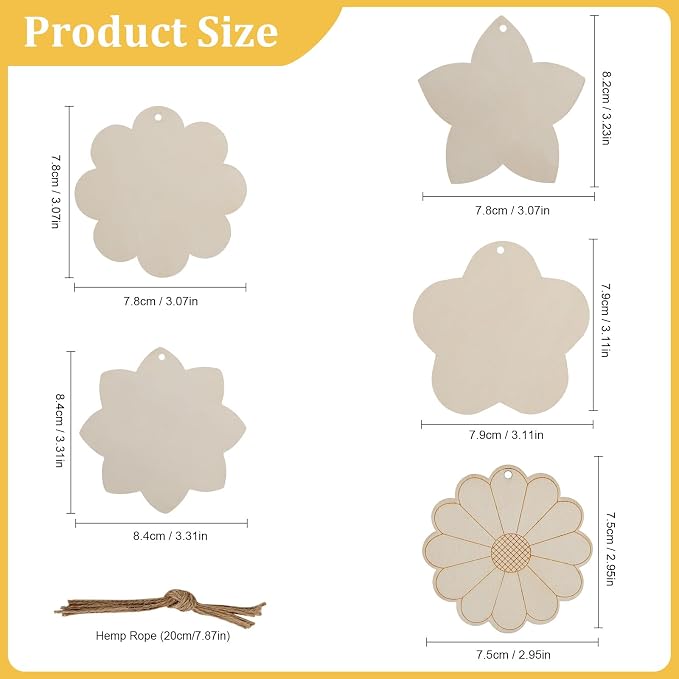 Flower 30pc 5Types Unfinished Wooden Gift Ornaments DIY Craft Birthday Present
