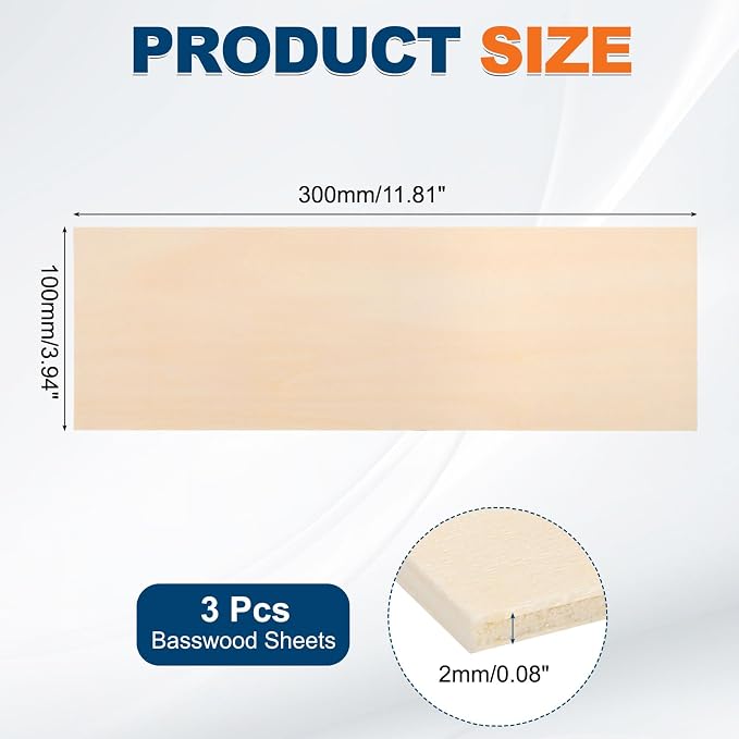 MECCANIXITY 3pcs Basswood Sheets 12 x 4 x 5/64 Inch Unfinished Wood Boards