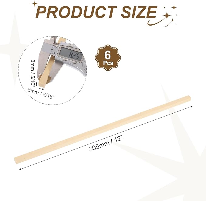 MECCANIXITY 6Pcs Basswood Sticks, 5/16" x 5/16" x 12" Square Wooden Dowel Rods