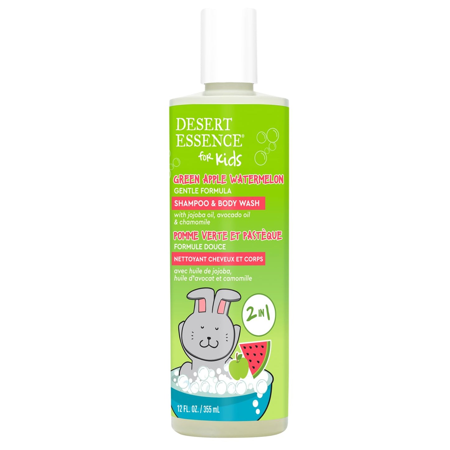 Desert Essence Kids 2-in-1 Shampoo & Body Wash 12.0 fl oz - Vegan, Gluten-Free. Cruelty-Free - Leaves Hair & Skin Nourished - Gentle Formula (Green Apple)