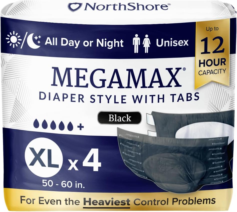 NorthShore MegaMax Adult Overnight Diapers, 12-Hour Tab-Style, X-Large, 4 Count Starter Pack, Black, 50-60 inches, Unisex Incontinence Underwear