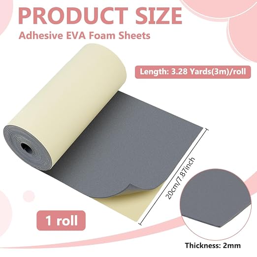 BENECREAT 118.1x7.9inch Self-Adhesive EVA Foam Roll, 2mm Thick Adhesive Craft
