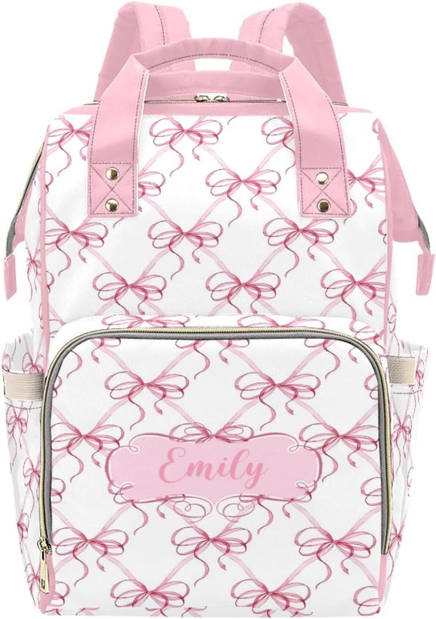 Custom Diaper Bag Backpack for Women, Personalized Name Nursing Mommy Daypack, Pink Bow Diaper Bag for Baby Girls, New Mom Gifts