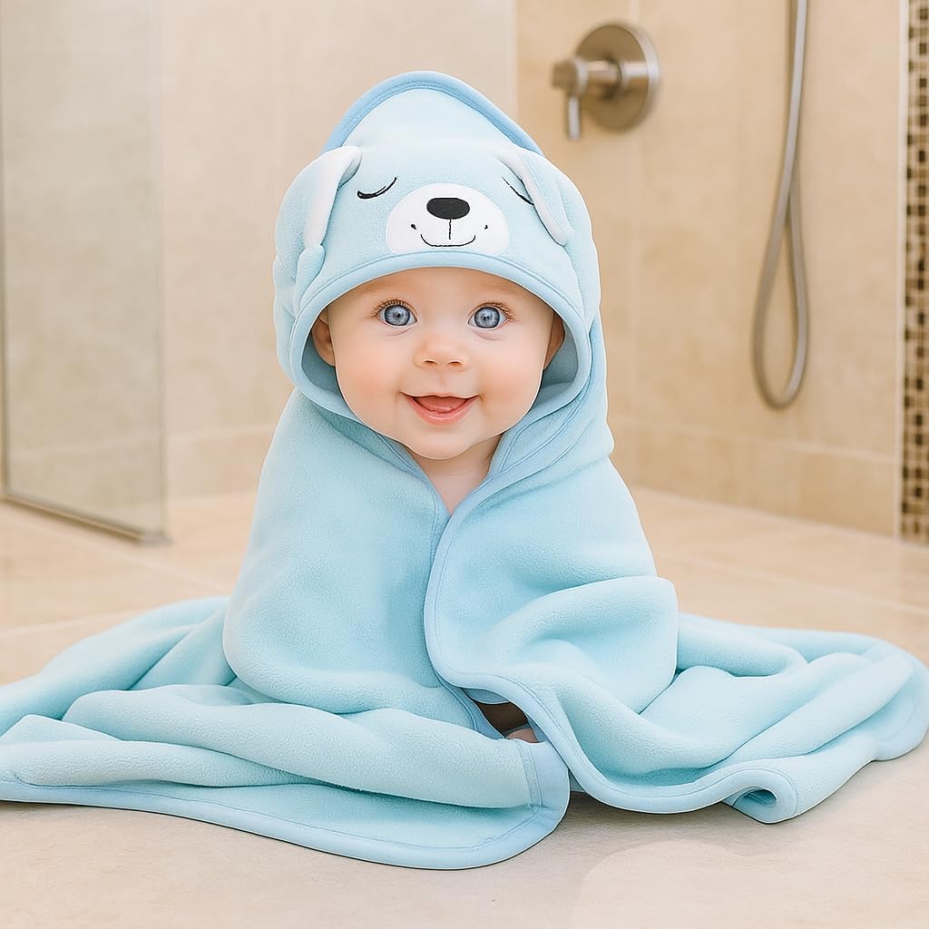 Hooded Baby Bath Towel, Pink Design, Soft and Absorbent (White and Blue)