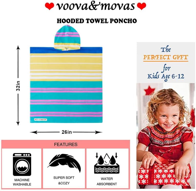 VOOVA & MOVAS Hooded Towels Poncho for Big Kids, Oversized (6-12Years,26"X64") Made from 100% Soft Cotton,Perfect for Swimming | Bathing | Beach | Birthday Gifts, Colorful Stripe