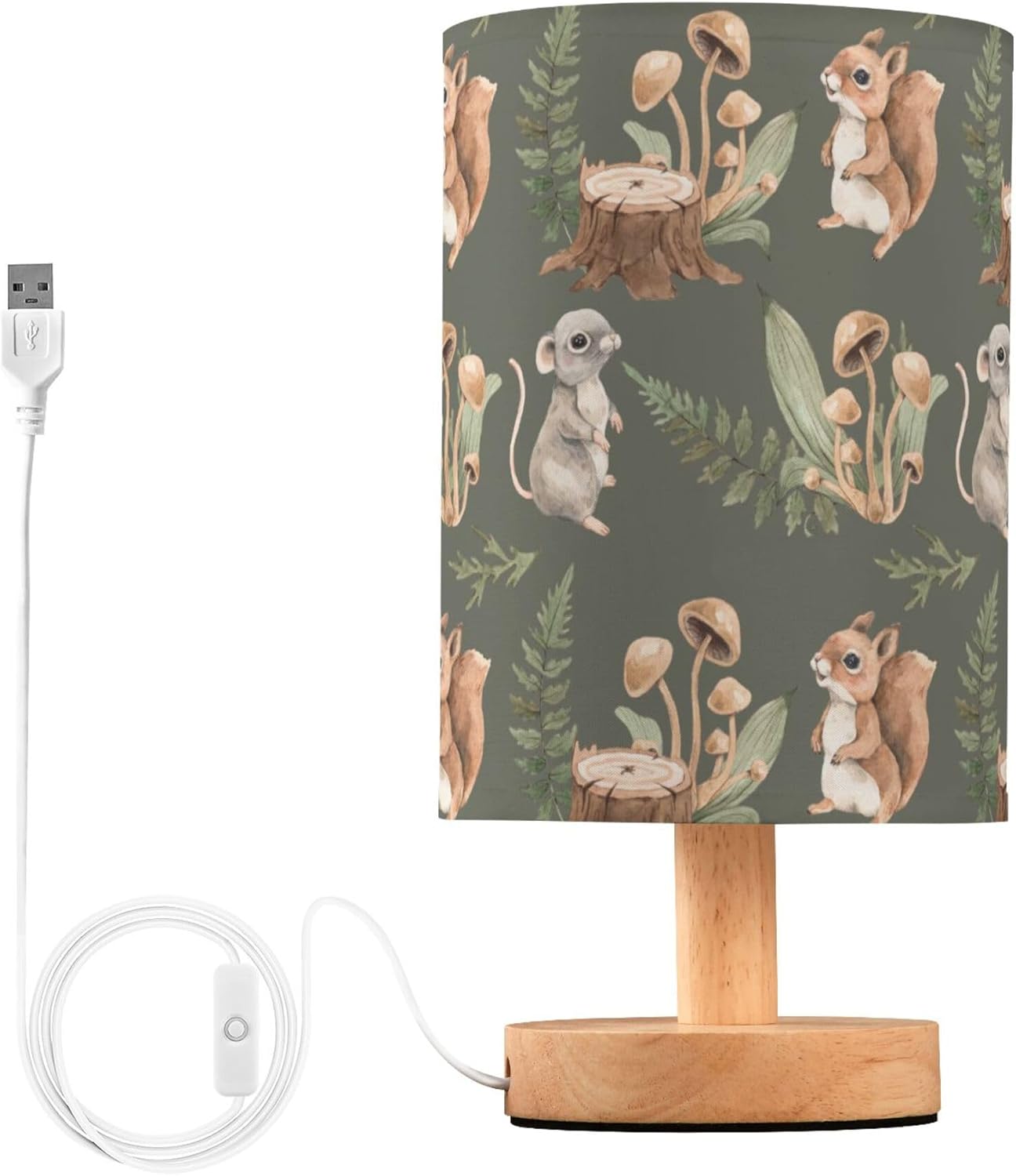 Table Lamp with Squirrel Mouse Stump Fern Mushroom Forest Animal Pattern - Wood Base Fabric Shade Nightstand for Living Room Bedroom Kids Room Office