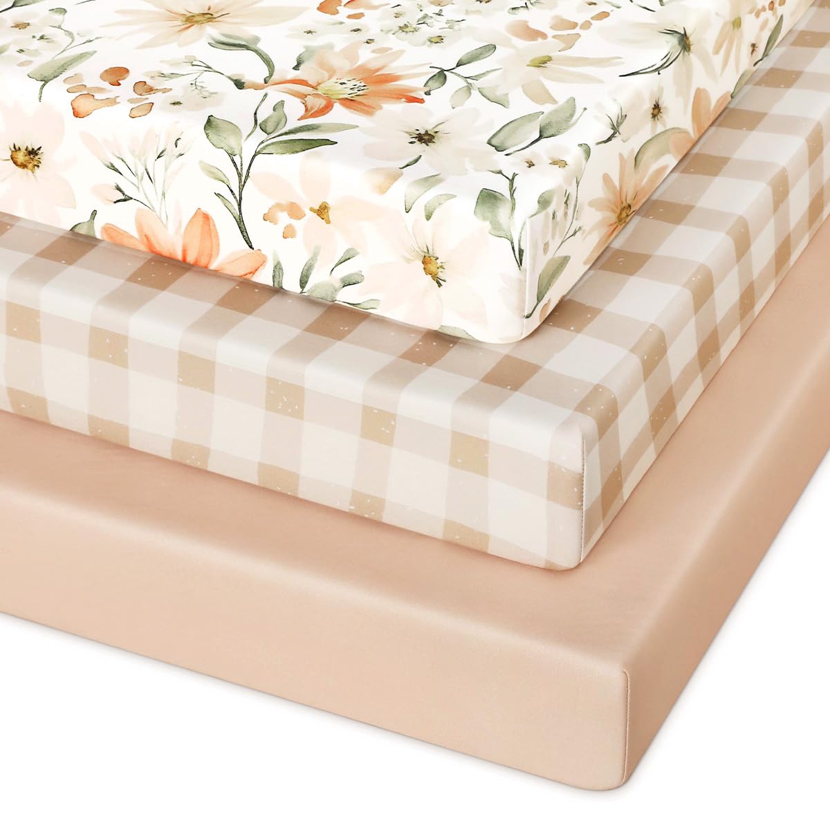 Pack and Play Sheets Fitted 3 Pack, Mini Crib Sheets for Pack N Play Mattress Stretchy Portable Playard Sheets, Soft Breathable Orange Flowers & Plaid