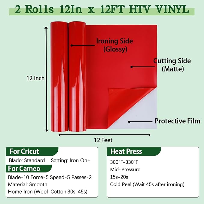 guangyintong Red Heat Transfer Vinyl HTV Rolls, 2 Rolls 12" x 12ft Red Iron on