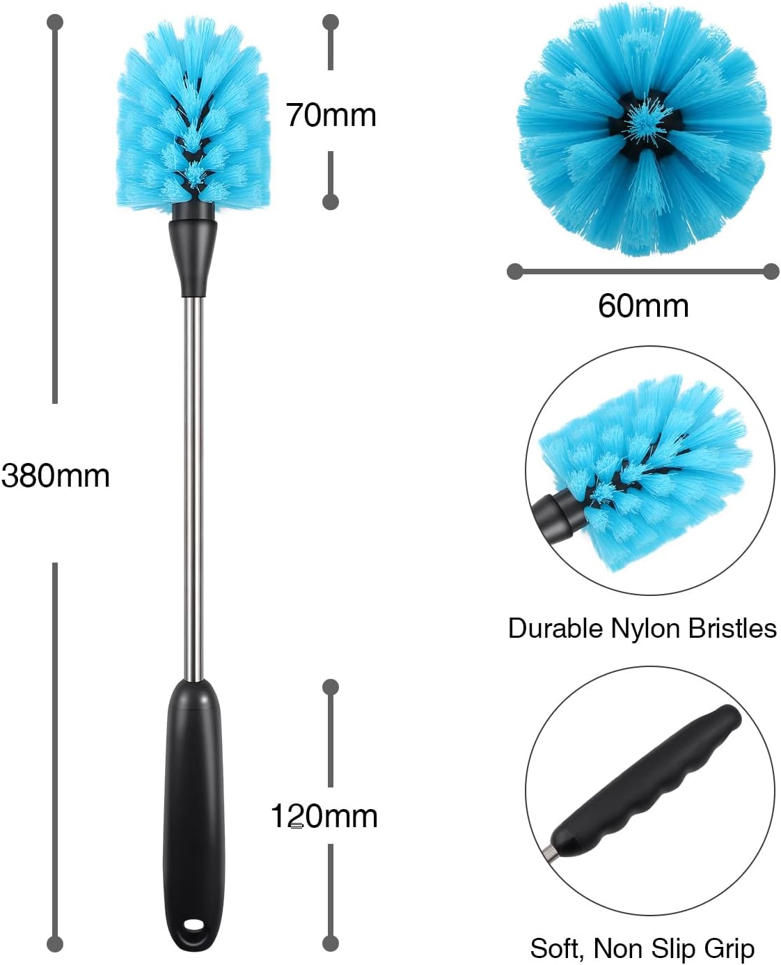 2 Pack Water Bottle Brush,15-inch Long, Bottle Brush Cleaner, Bottle Scrubber, Kitchen Scrub Brush Suitable for Water Bottles, Cups, Glasses, Baby Bottles, Wine Glasses, Blue
