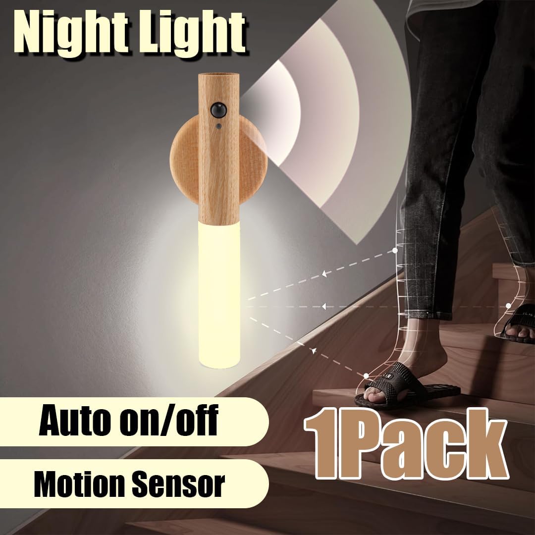 LANDGOO Nursery Night Lights 2 Pack - Baby Safe Motion Sensor with 2700K Warm Glow, Ash Wood Rechargeable Lamps for Bedroom & Nursery (Child-Safe Dual Room Coverage)