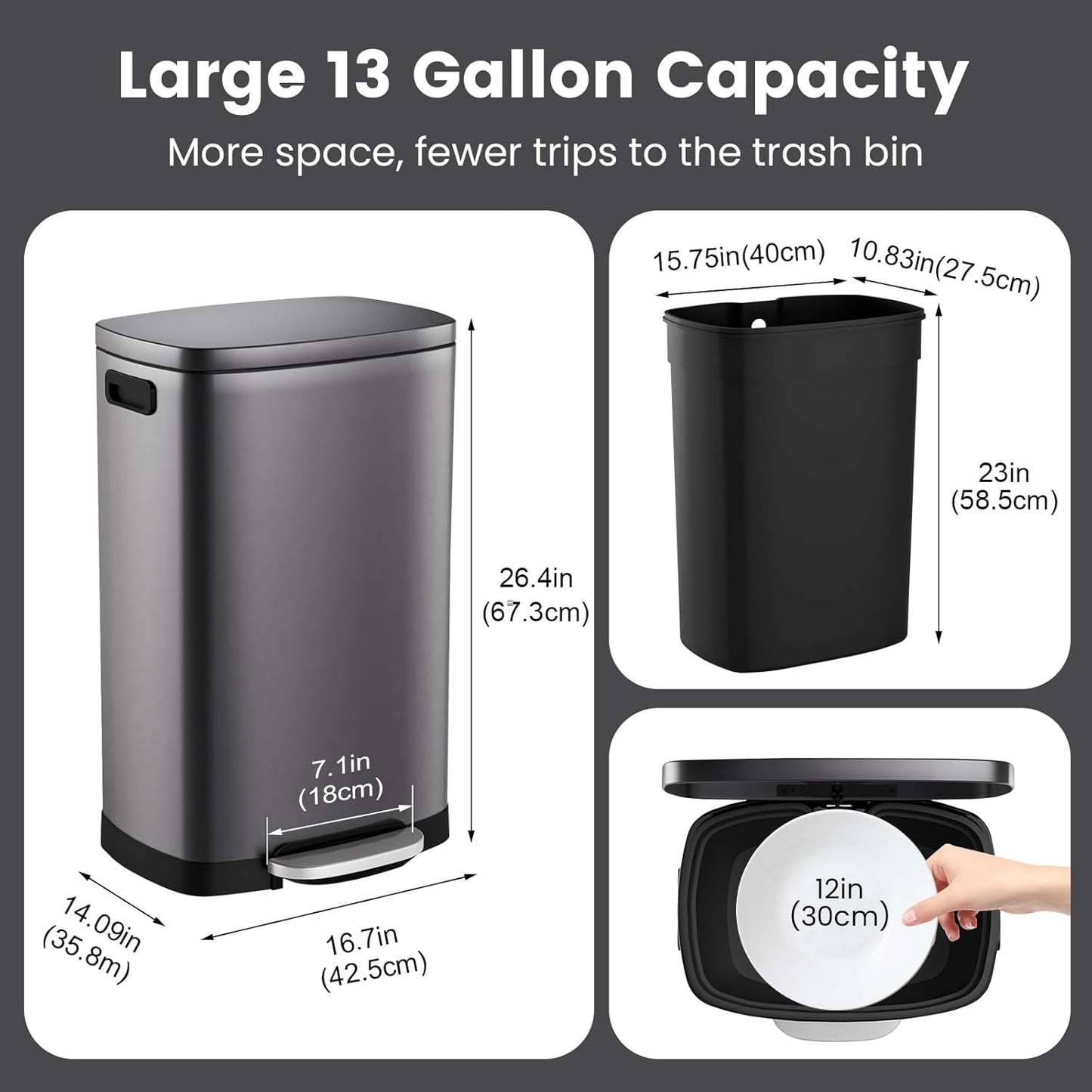 ELPHECO Kitchen Trash Can with Lid Soft Close, 13 Gallon / 50L Stainless Steel Pedal Garbage Can, Heavy-Duty Step Wastebasket with 20 Bags, Removable Bucket, Home Office, Titanium Silver