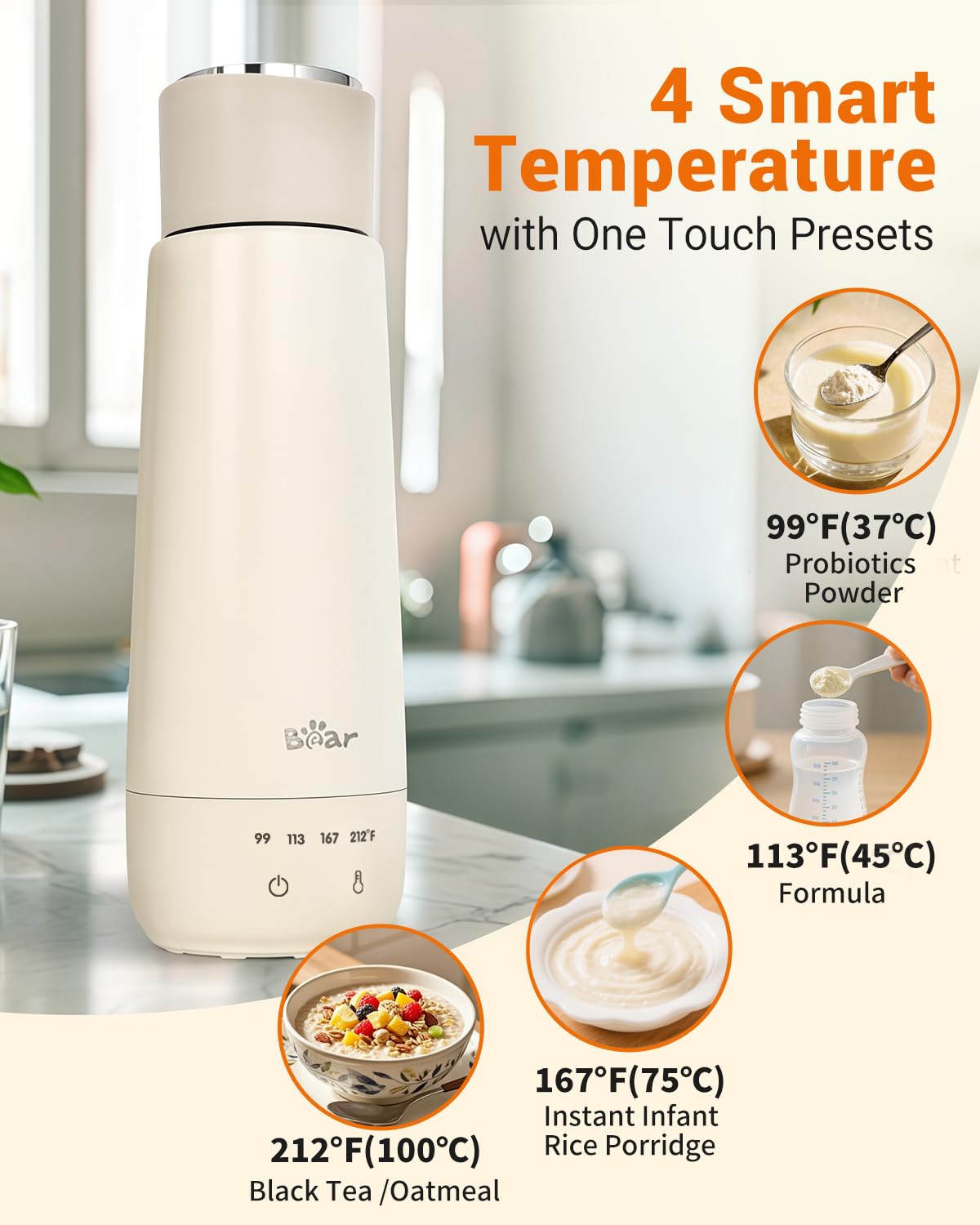 Bear Milk Warmer, Fast Water Warmer for Baby Formula with 10 Oz Large Capacity, Accurate 4 Temp Setting and Automaticlly Keep Warm, Compact Bottle Warmer(No Battery, 110V Only)