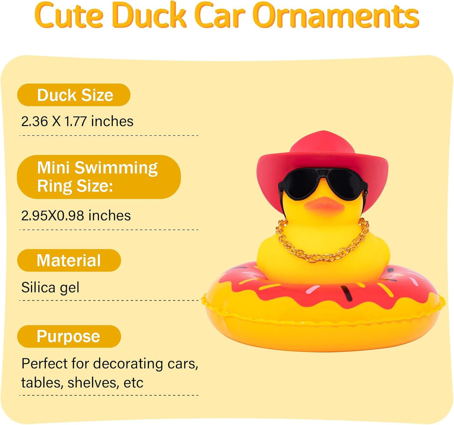 wonuu Car Rubber Duck, Yellow Duck Decoration Dashboard with Sun Hat Swim Ring Necklace Sunglasses for Car Dashboard Decorations, Red Cowboy Hat-Red Donut
