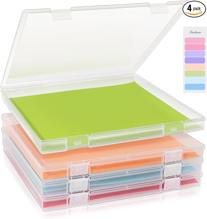 12x12 Inch Scrapbook Paper Storage, 4 Pack Plastic Paper Storage Box