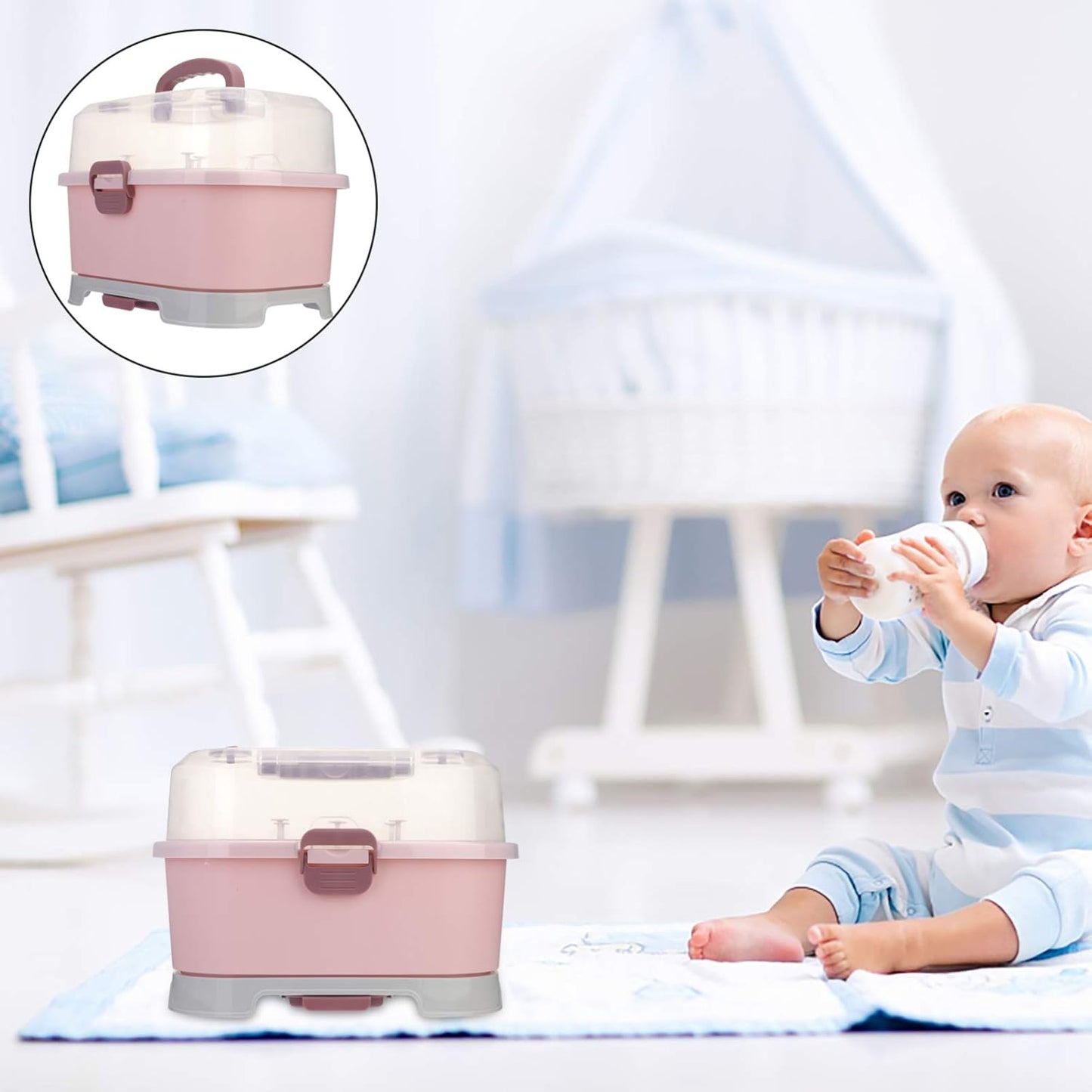 NUOBESTY Portable Baby Bottle Storage Organizer with Cover, Pink Milk Bottle Drying Rack Box for Home and Travel Use, 13.77 X 9.84 X 9.84 Inches