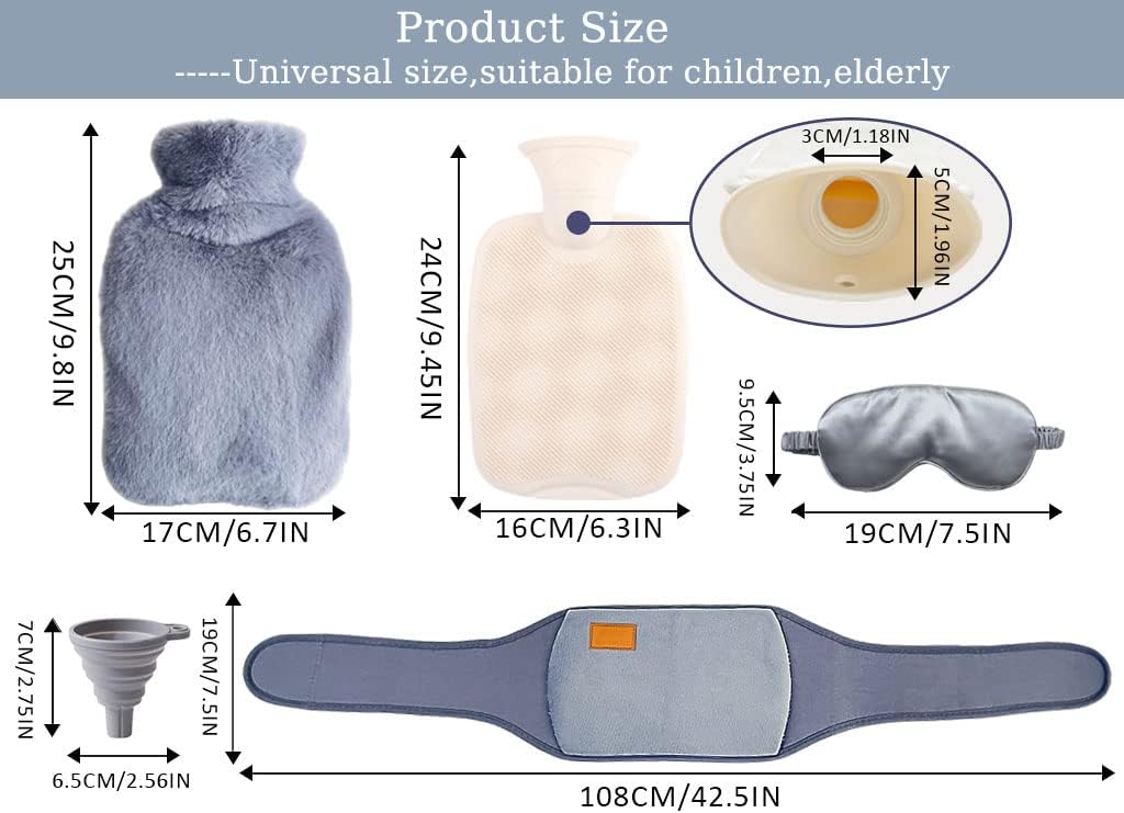 3 in 1 Hot Water Bottle Pouch with Waist Cover, Warm Water Bag, Pouch with Soft Belt, Eye Mask+Funnel, for Pain Relief Waist, Back, Neck