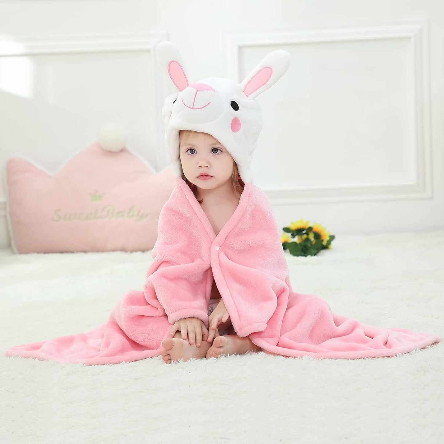 Wearable Blanket Hoodie for Kids Toddlers Hooded Towels Soft Cozy Flannel Wearable Throw Blanket Hoodie for Boys Girls Birthday Gifts (Rabbit 60 * 50)
