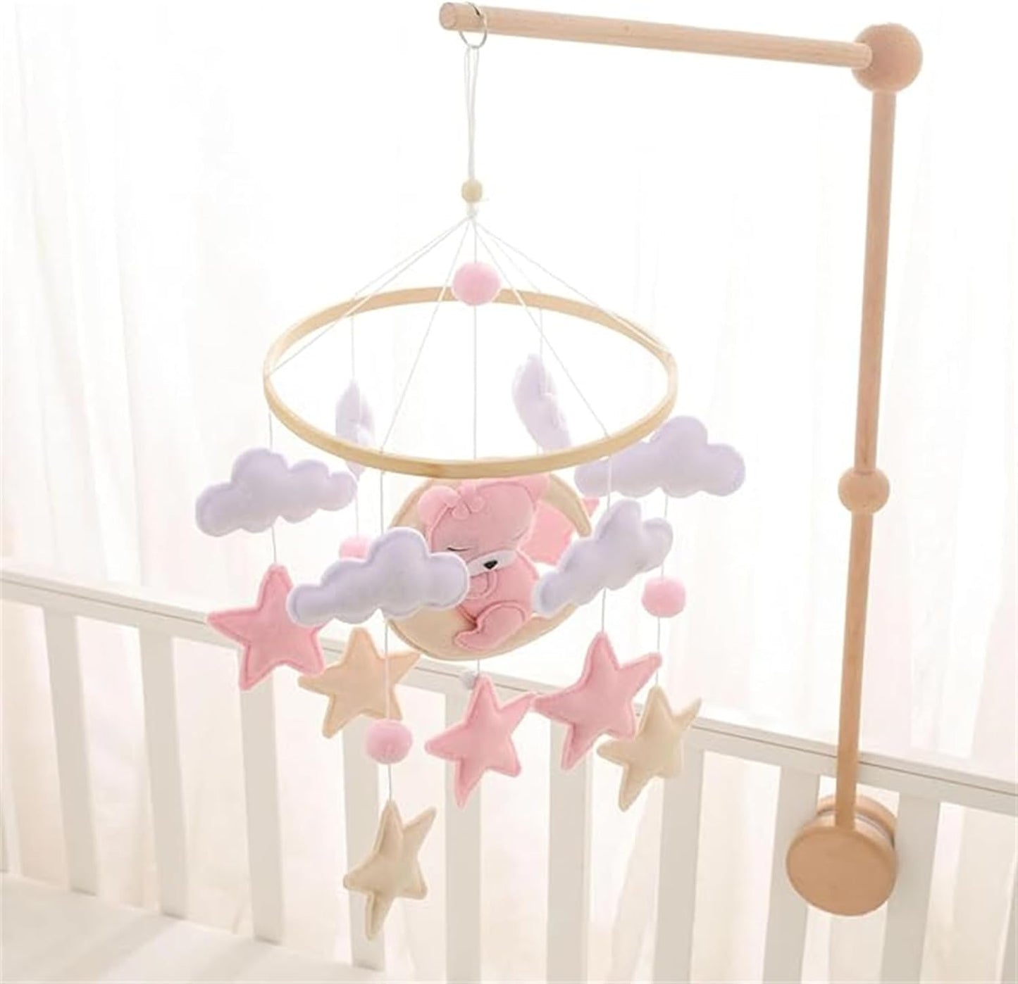 Baby Crib Mobile - Pink Bear Mobile for Crib, Felt Cloud Nursery for Boys and Girls - for Infant Bedroom Hanging Decoration