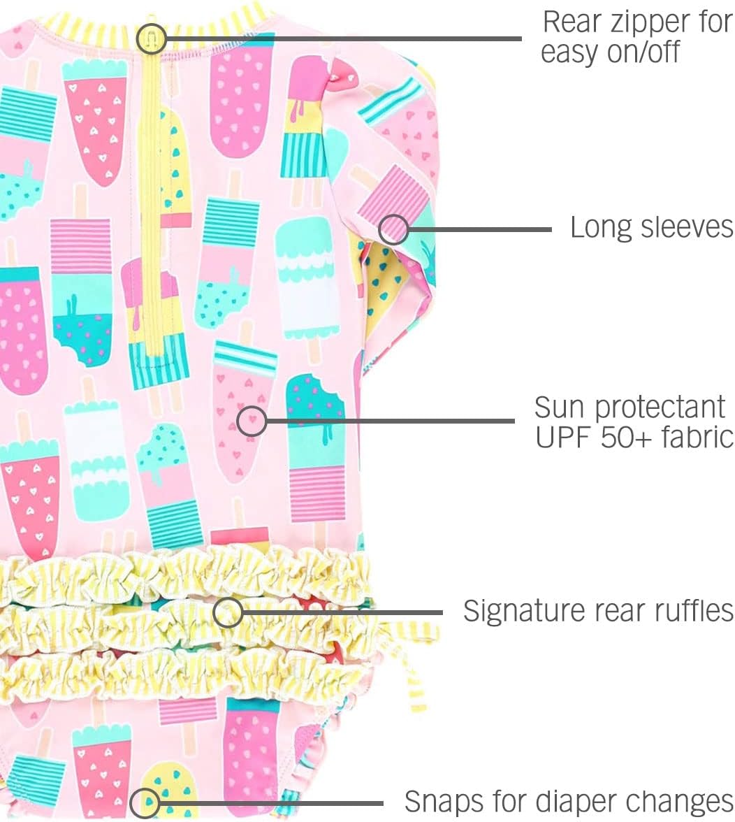 RuffleButts Baby Girls UPF 50+ Sun Protection Novelty Print Long Sleeve One Piece Rash Guard Swimsuit with Zipper