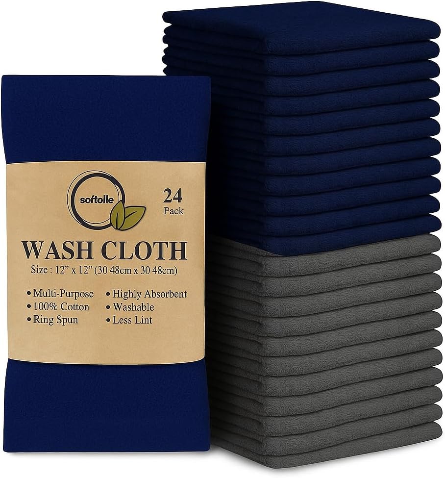Softolle 100% Cotton Washcloths 24 Pack (12x12 Inches) Soft, Highly Absorbent Washcloth, Face Towels, Wash Cloths for Face, Ring Spun, Bulk Pack (Blue/Grey)