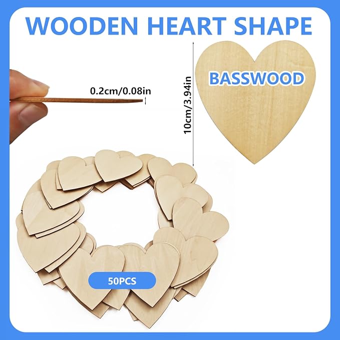 50PCS Wooden Heart, Made of Basswood, 4 Inch Unprocessed Wood Pieces, Natural